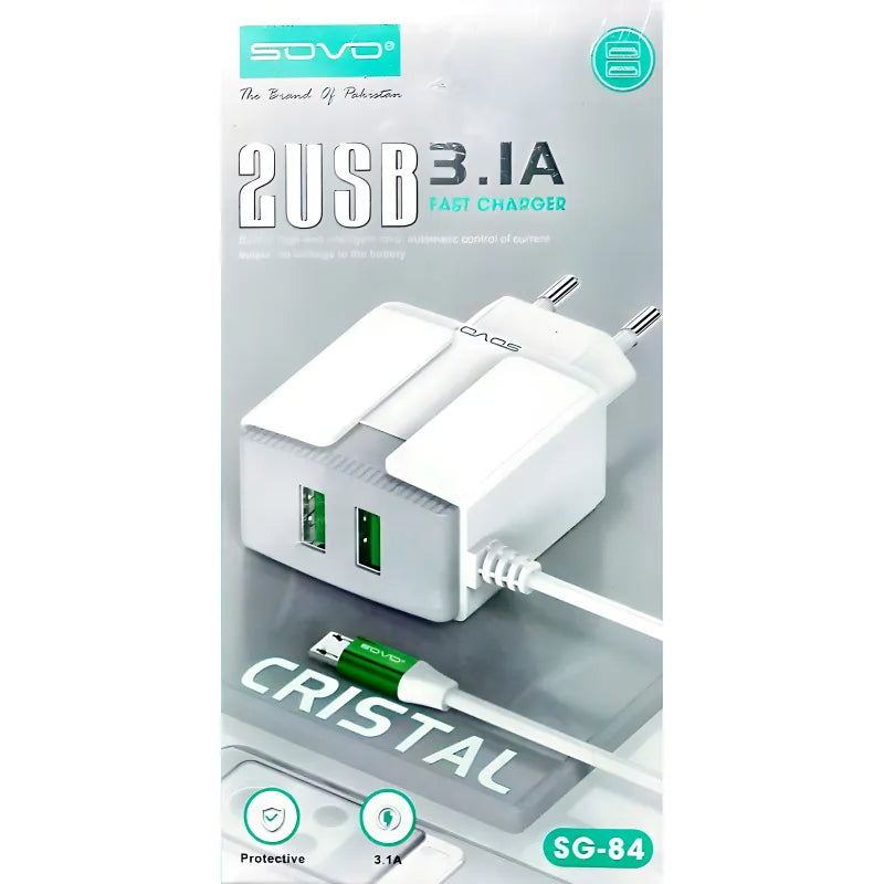 SOVO SG-84 Crystal 3.1A Dual USB Fast Charger with Built-in Micro USB Cable