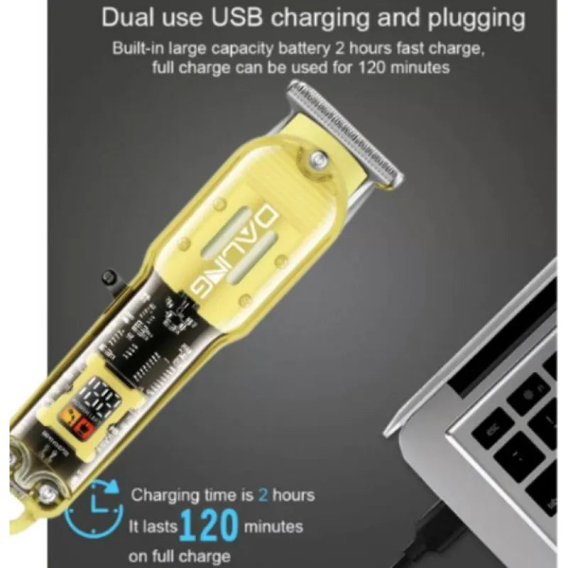 Daling DL-1585 USB Rechargeable Professional Hair Trimmer Transparent Body LED Display Stainless Steel T-Blade