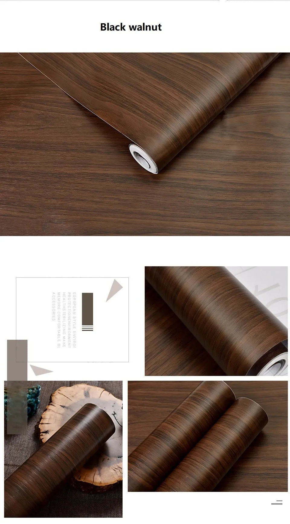 45cm x 100cm Waterproof Wood Vinyl Wallpaper Roll Self Adhesive Contact Paper for Doors and Cabinets Black Walnut and Deep Wood