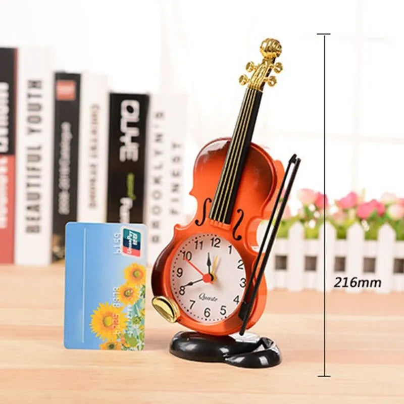 Creative Violin Table Clock European Style Quartz Alarm Clock White Brown