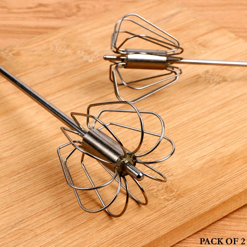 Pack of 2 Stainless Steel Hand Pressure Rotating Semi-Automatic Mixer Mini Beaters for Coffee Milk Eggs