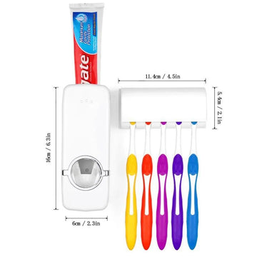 Pack of 2 Fashion Automatic Toothpaste Dispenser and Wall Mount Bathroom Toothbrush Holder Set for Mess Free Oral Care and Organization