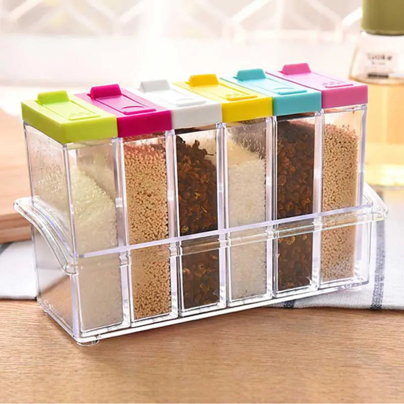6 Piece Transparent Press-Type Seasoning Box Set with Dual Outlet Holes