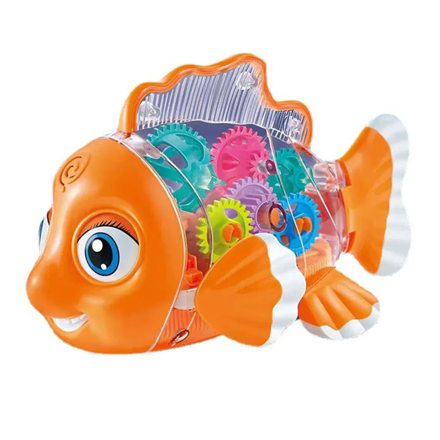 Electric Universal Transparent Gear Fish Swing Toy with Colorful Lights Music and Motion for Kids