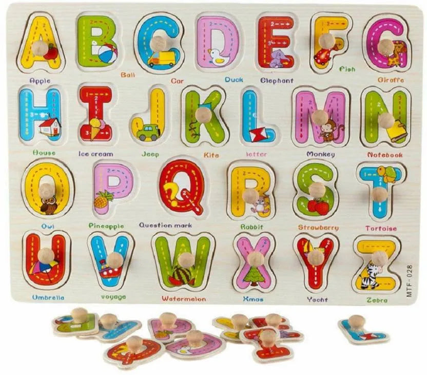 Montessori Wooden Alphabet Puzzle Board with Knobs & Pictures Educational Toy