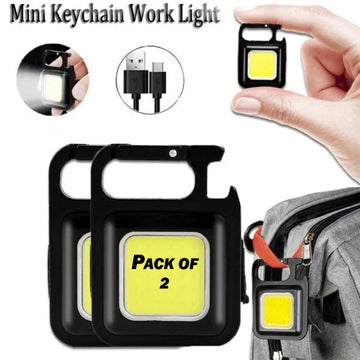 Pack of 2 Portable Multifunctional Super Bright COB Rechargeable Keychain Lights with Magnetic Base Bottle Opener and 4 Lighting Modes for Camping and Emergency Use