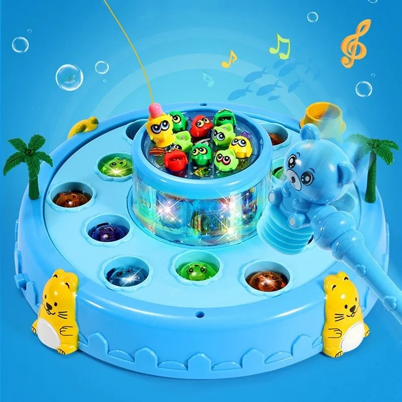 2-in-1 Hamster Fishing Plate  Electric Rotating Whack-a-Mole + Magnetic Fishing Toy with Music & Lights