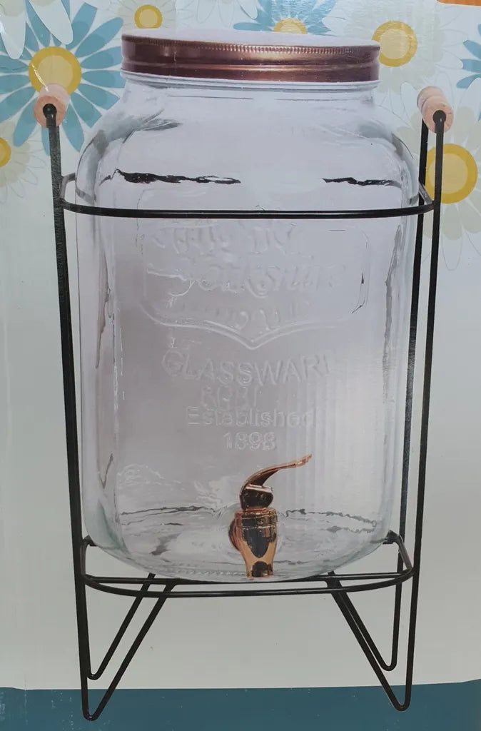 8L Glass Beverage Dispenser with Iron Stand and Leak-Free Spigot