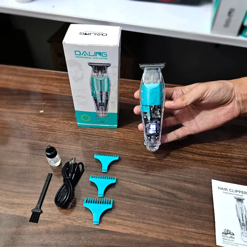 Daling DL-1631 Full Transparent LED Display Hair Trimmer Stainless Steel Blades 180 Minutes Runtime USB Charging