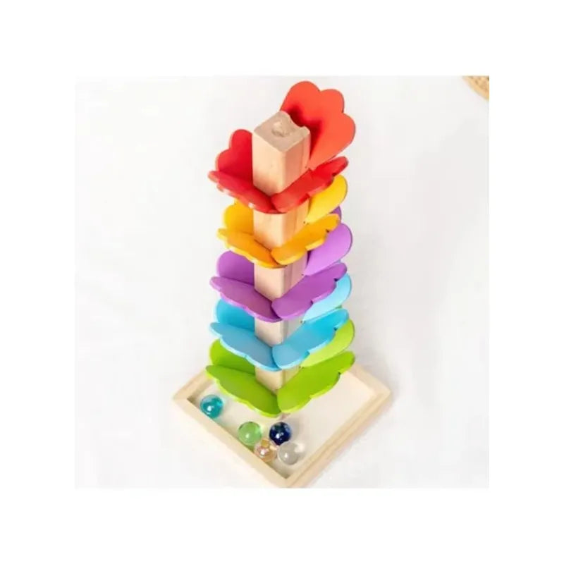 Wooden Fallen Leaves and Marbles Toy Tree Stacking Block Run Educational Montessori Marble Run for Kids 3 Plus