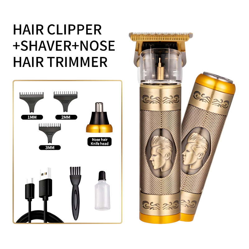 3 In 1 Vintage Grooming Set USB Rechargeable Multi Functional Hair Clipper Shaver and Nose Trimmer for Men with Stainless Steel Blades and Guide Combs