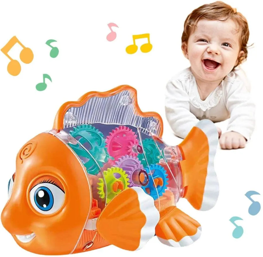 Electric Universal Transparent Gear Fish Swing Toy with Colorful Lights Music and Motion for Kids