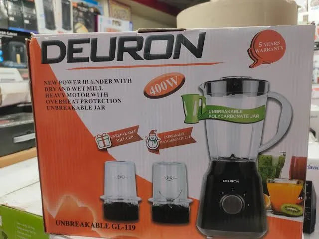 The Deuron GL 119 Power Blender with Dry and Wet Mill is a compact and efficient kitchen appliance designed for everyday blending and grinding needs. This power blender is equipped with a heavy duty motor and built in overheat protection, ensuring safe and reliable performance during continuous use.

Featuring an unbreakable polycarbonate jar, this blender is ideal for preparing smoothies, sauces, shakes, and other liquid mixtures without the risk of cracking or damage. The strong stainless steel blade deli