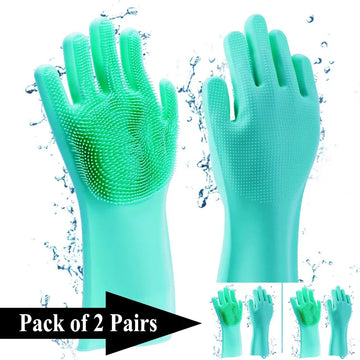2 Pairs Kitchen Magic Silicone Dishwashing Gloves with Integrated Cleaning Scrub Sponges and Heat Resistant Dual Set for Efficient Dishwashing and Household Scrubbing