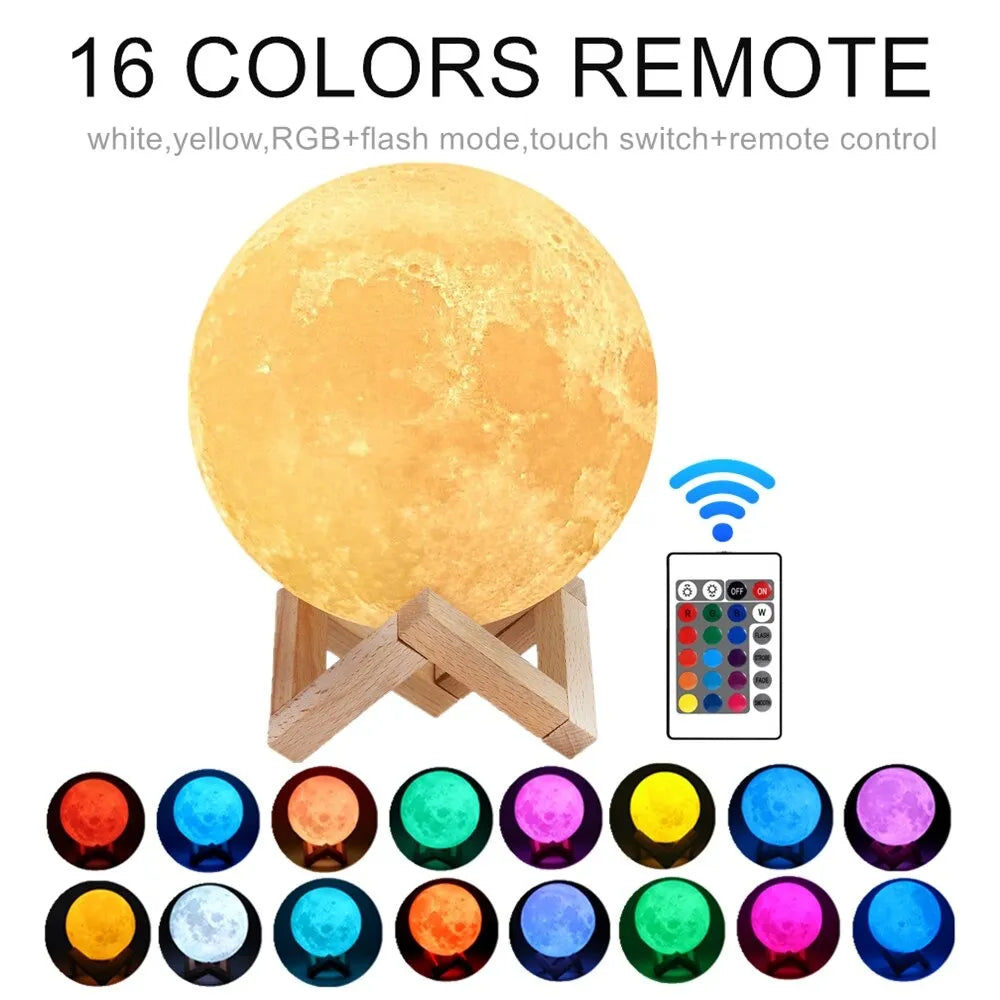 16cm 3D Moon Lamp with Remote & Touch Control – 16 Colors LED Night Light