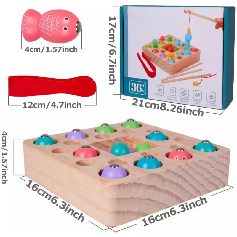 Interactive Fishing Game Playset 3 in 1 Montessori Wooden Magnetic Fishing Toy with Numbers Colors Beads for Kids 3 Plus