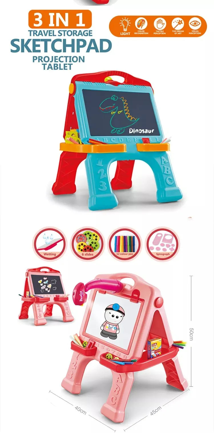 3 in 1 Drawing Projector Tablet with Blackboard Whiteboard and Erasable Painting Set for Kids