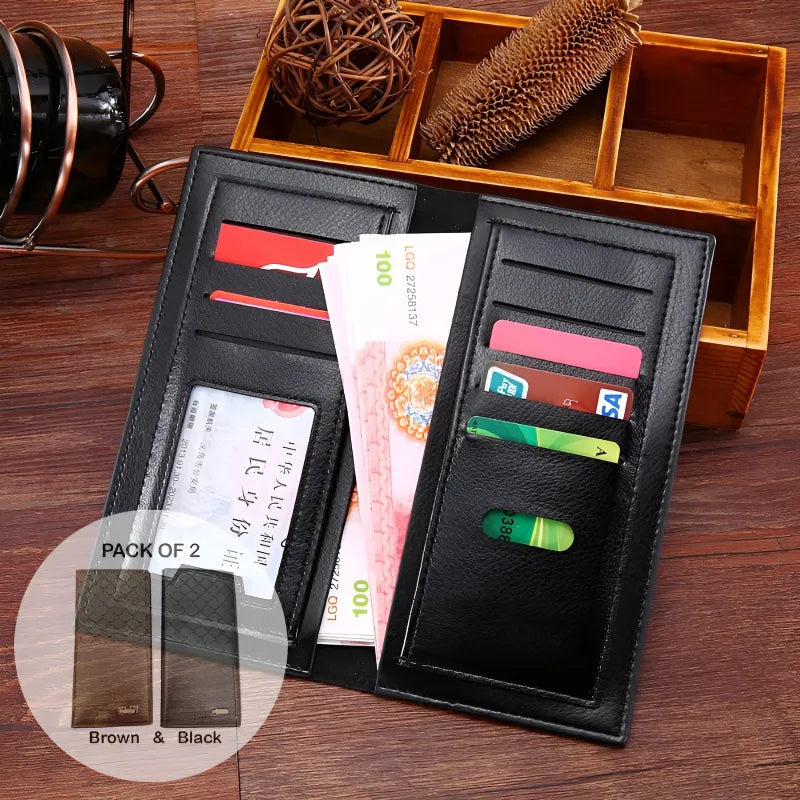 Pack of 2 Luxury Mens Ultra Thin Long Wallets Woven Pattern Multi Card Clutch for Cash and Mobile in Black and Brown Faux Leather