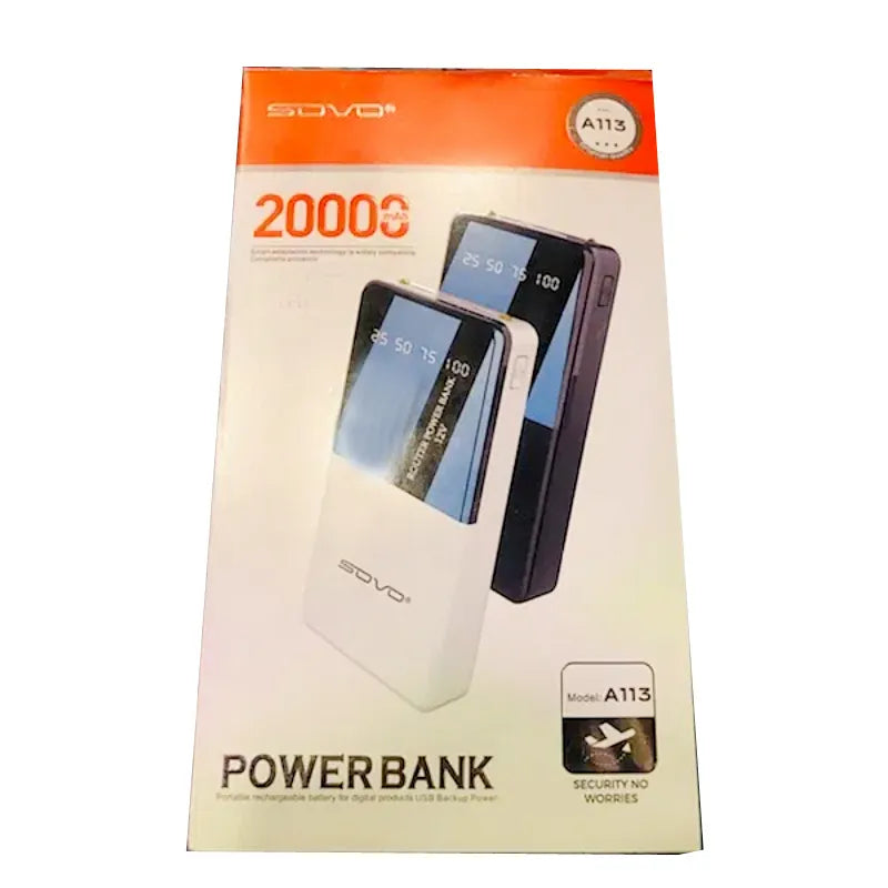 SOVO A113 20000mAh Super Fast Charging Power Bank with Type-C Micro USB and Router Backup Black White