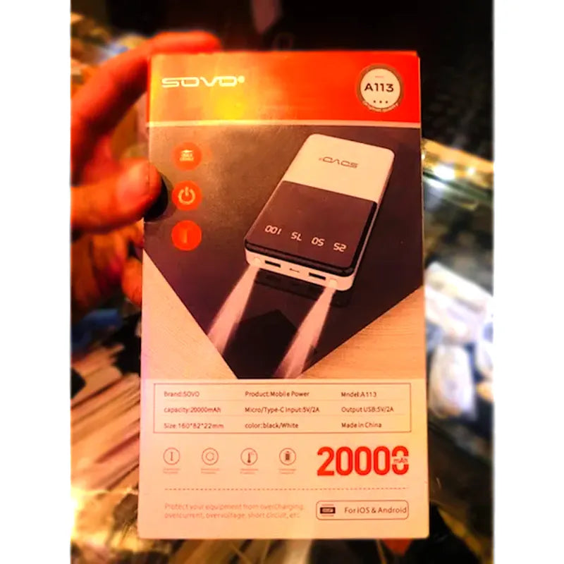 SOVO A113 20000mAh Super Fast Charging Power Bank with Type-C Micro USB and Router Backup Black White
