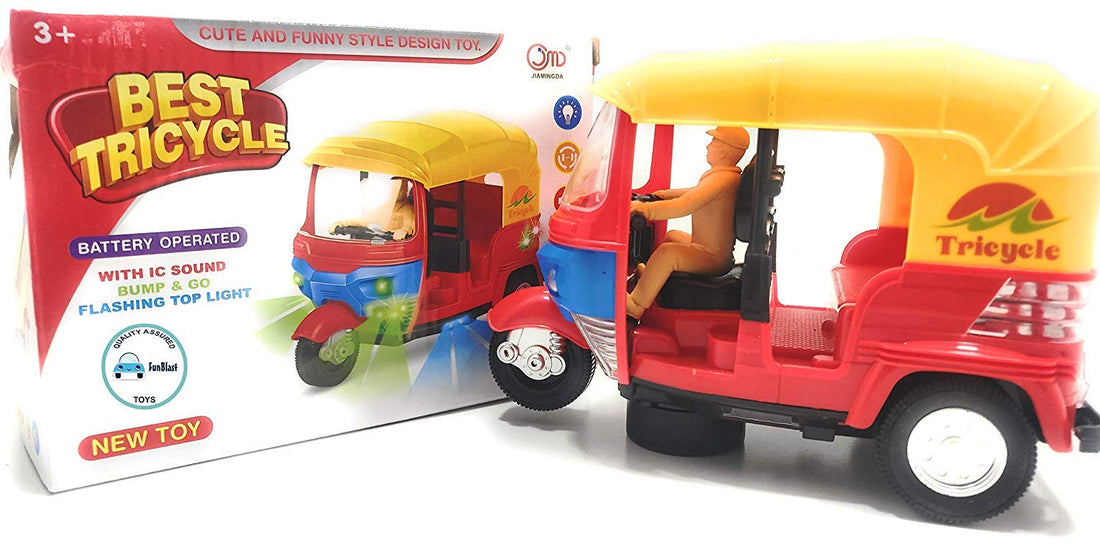 Bump and Go Auto Rickshaw Toy with Flashing Lights and IC Sound for Kids