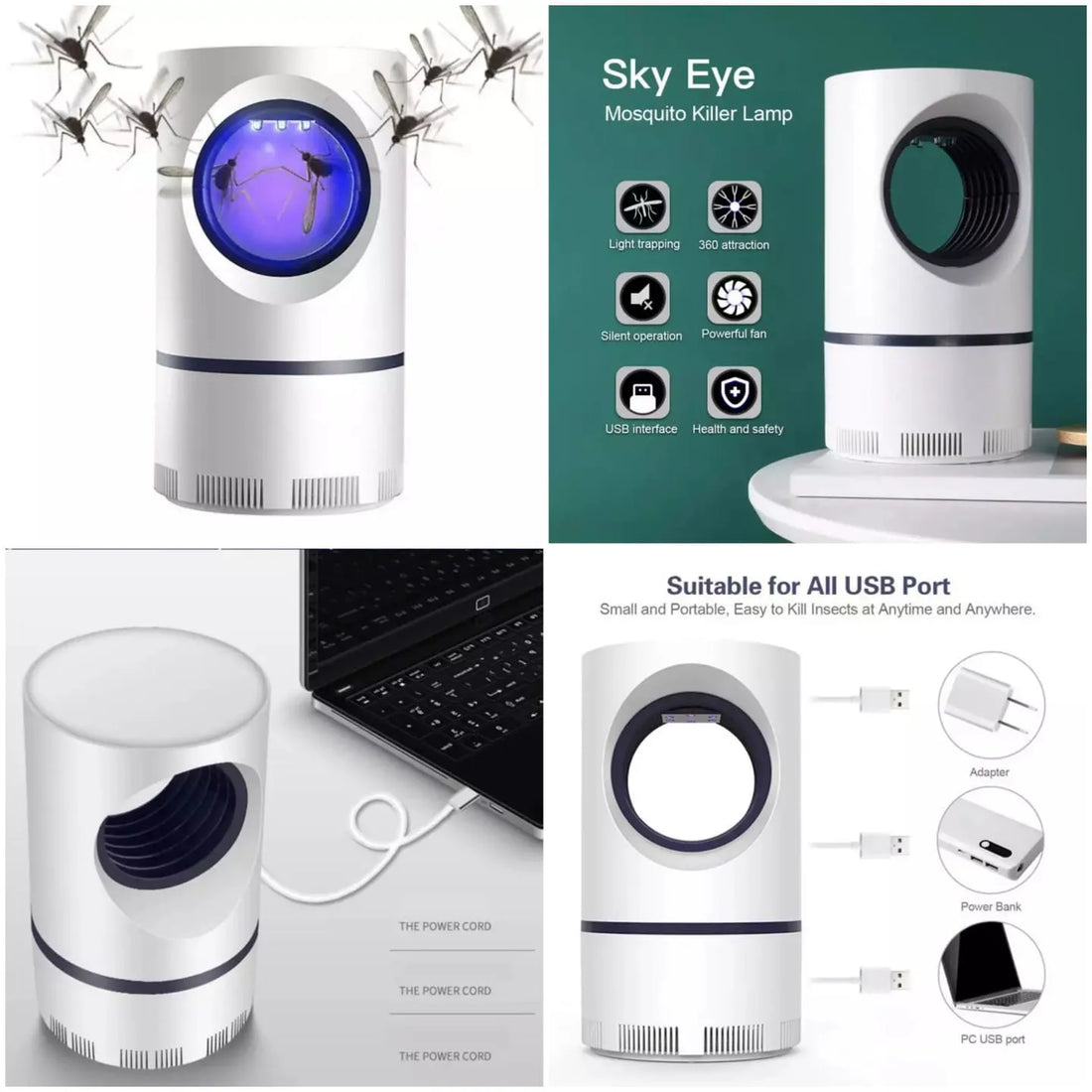 Electric Mosquito Killer Lamp USB Powered Blue Light UV Suction Fan No Zapper Child Safe White