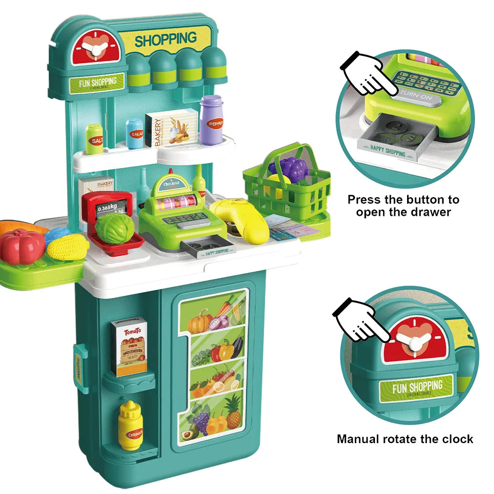 4 in 1 Mobile Store Pretend Play Suitcase Trolley Supermarket Grocery Cashier Set for Kids