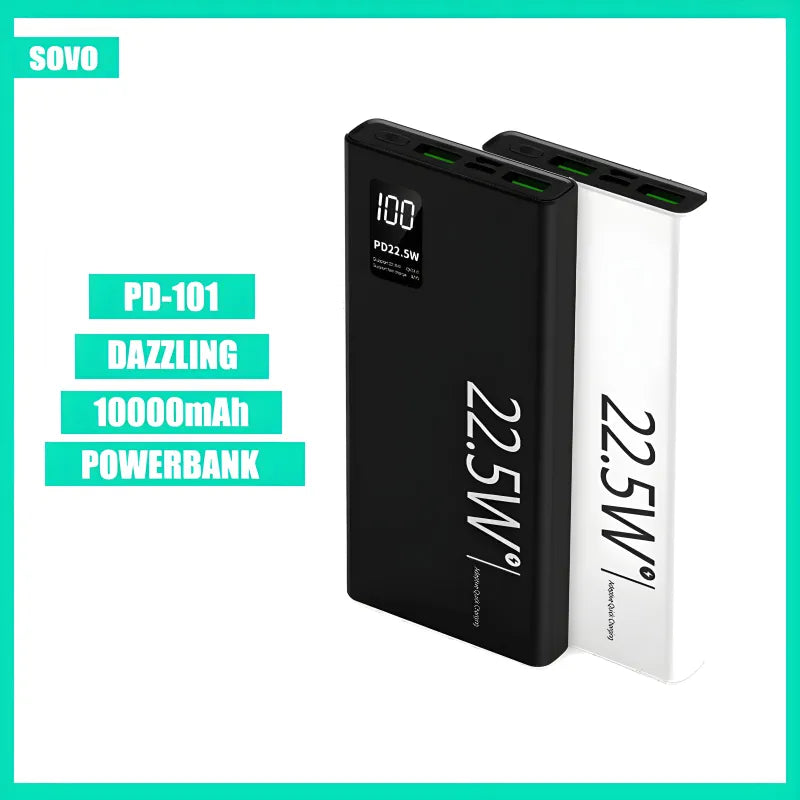 SOVO PD-101 Dazzling 10000mAh Power Bank 22.5W PD Fast Charge LED Display Dual USB Type-C Flashlight