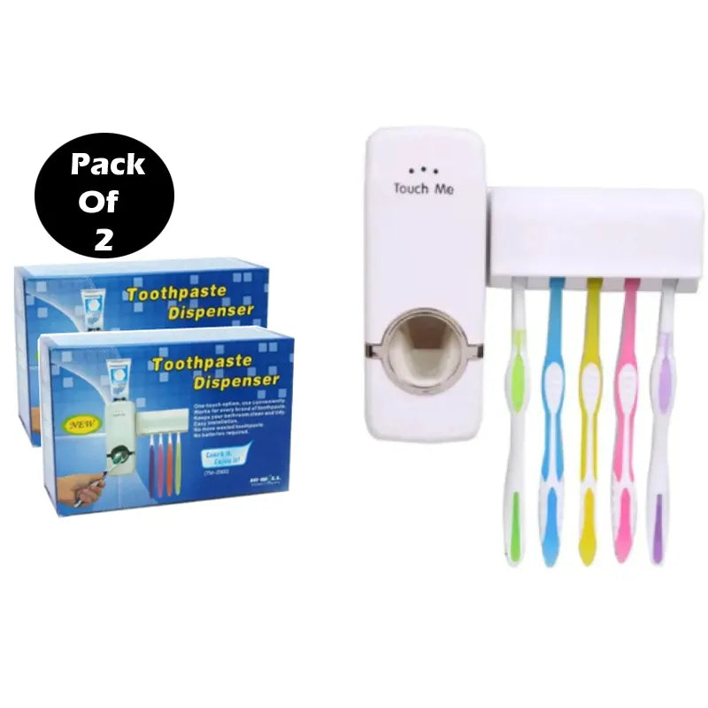 Pack of 2 Fashion Automatic Toothpaste Dispenser and Wall Mount Bathroom Toothbrush Holder Set for Mess Free Oral Care and Organization