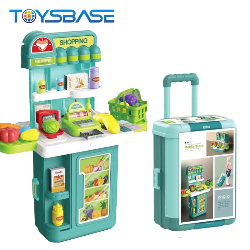 4 in 1 Mobile Store Pretend Play Suitcase Trolley Supermarket Grocery Cashier Set for Kids