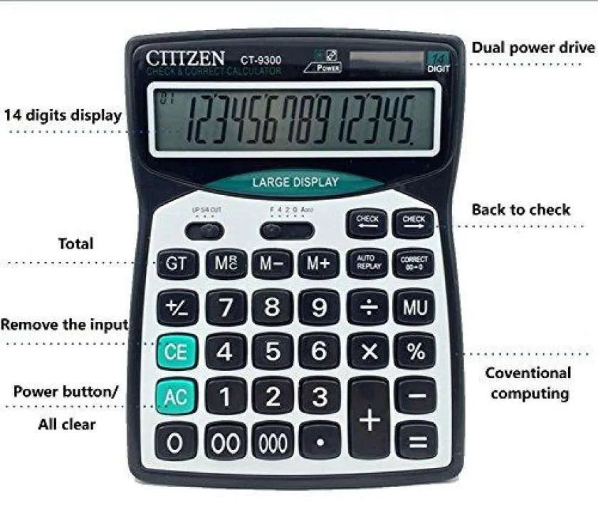 CT-9300 14 Digit Desktop Solar Dual Power Calculator with Large Display and Wear Resistant Keys