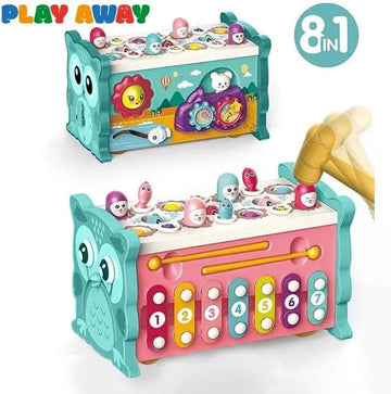 8-in-1 Educational Activity Box Xylophone Hammer Whack A Mole Clock Fishing Pull Along Fidget Sensory Toy