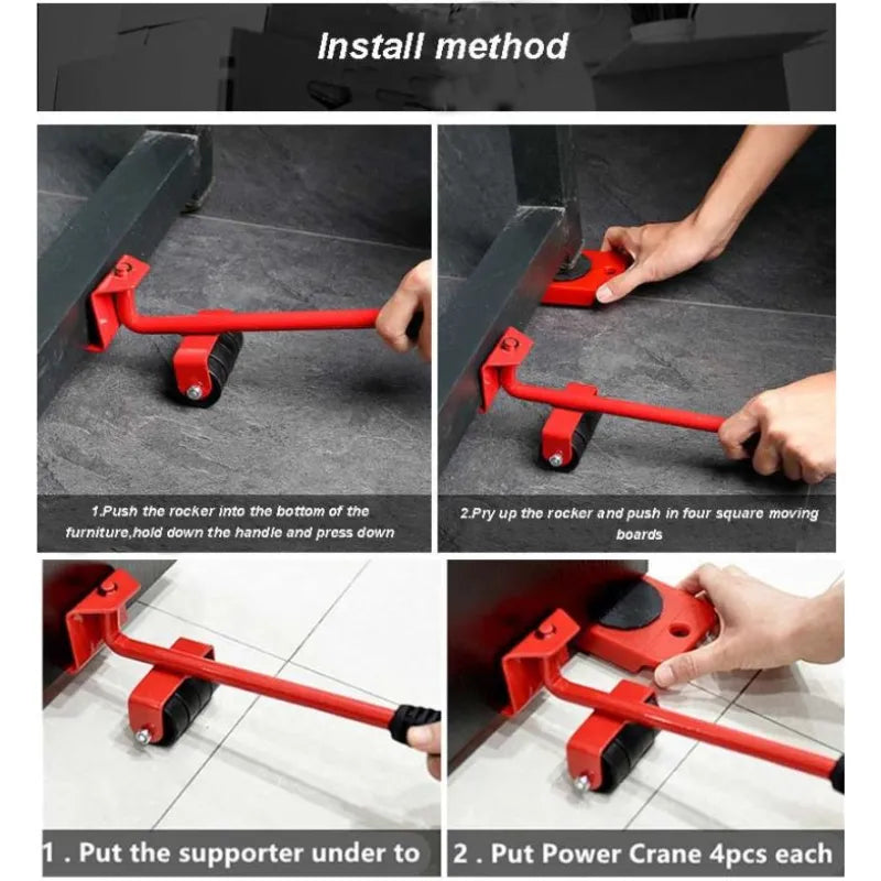 Professional Furniture Transport Lifter Tool Set Heavy Duty Moving Wheels with Lifting Rod Red