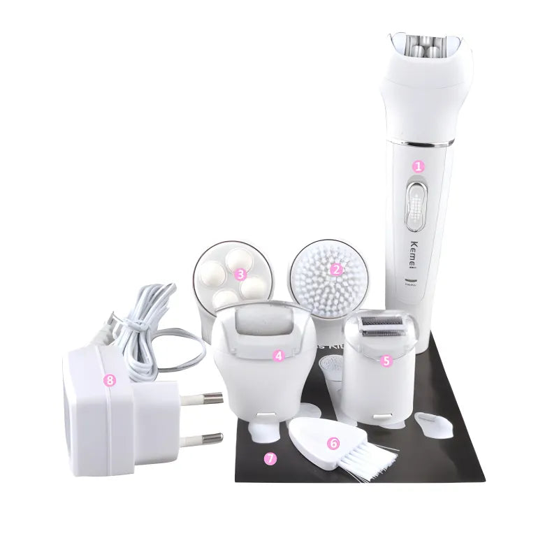 Kemei KM 2199 Multi Functional Rechargeable Epilator 5 In 1 Beauty Tools Kit for Women with Face Cleansing Brush Massager Lady Shaver and Callus Remover
