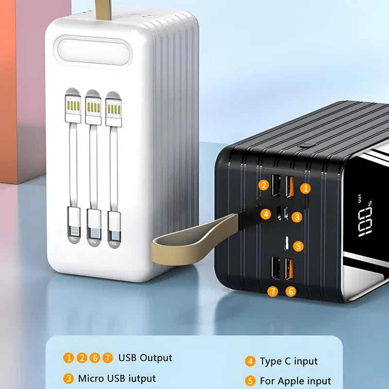 SOVO P6 60000mAh Power Bank with Built In 3 Cables Type-C Lightning Micro USB Digital Display Flashlight