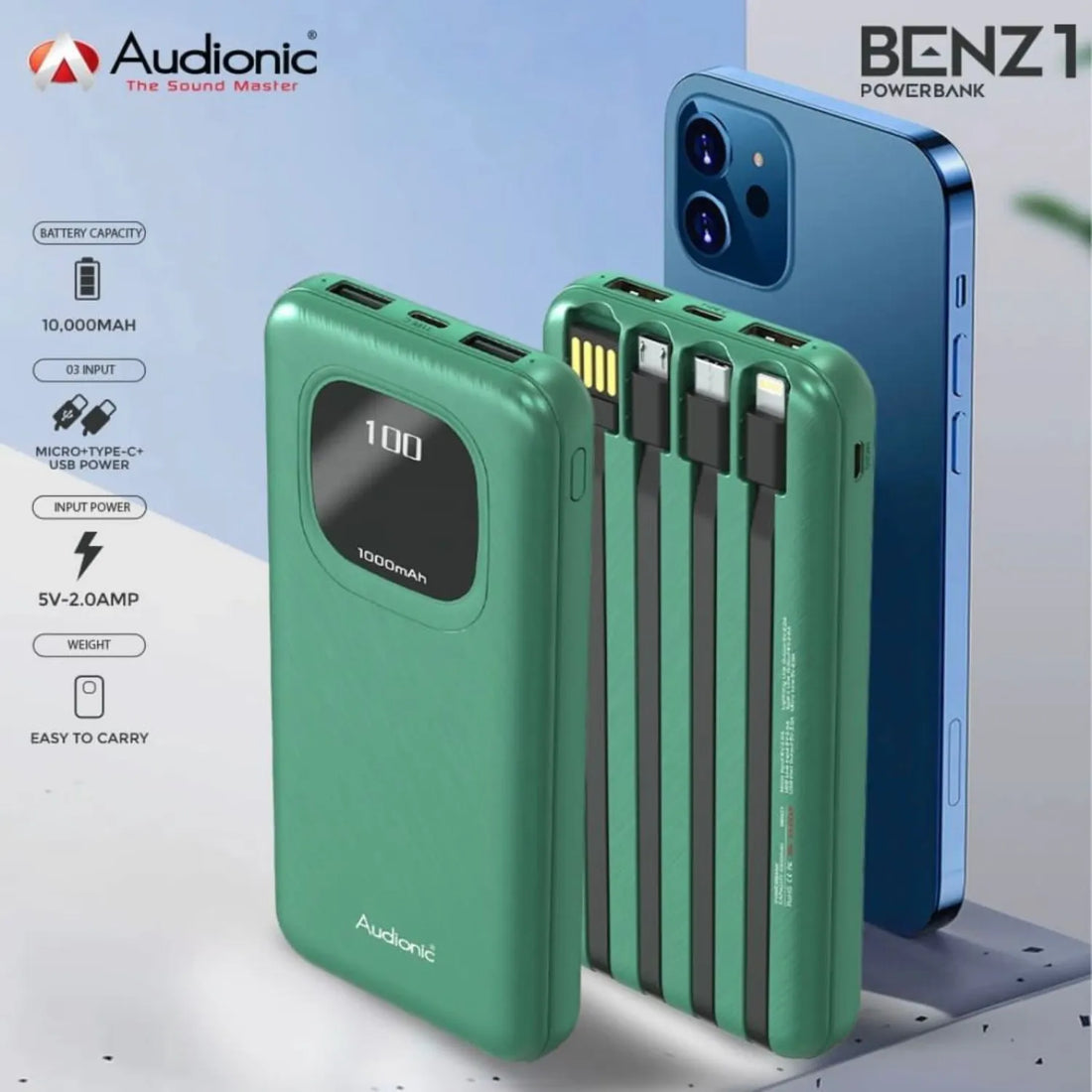 BENZ-1 10000mAh Power Bank with Lightning, Type-C, and Micro Built-In Output