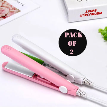 Pack of 2 Best Quality Mini Portable Hair Straighteners with Plastic Storage Cases and Ceramic Coated Plates for Quick Professional Hair Styling at Home and Travel