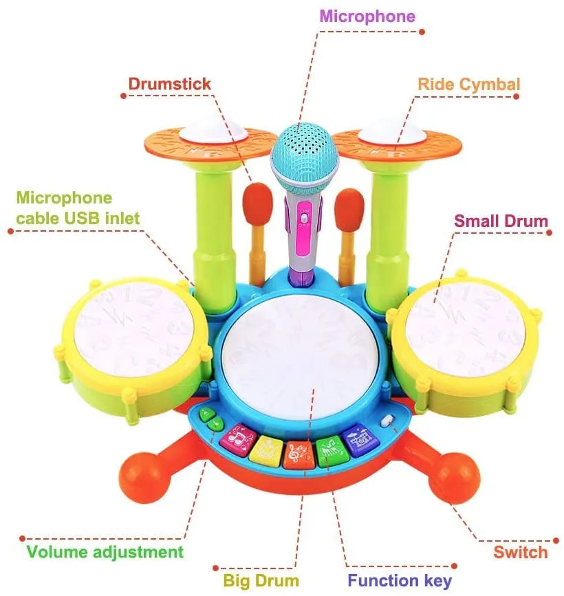 Kids Drum Set Toy with Adjustable Microphone and Musical Lights for Toddlers