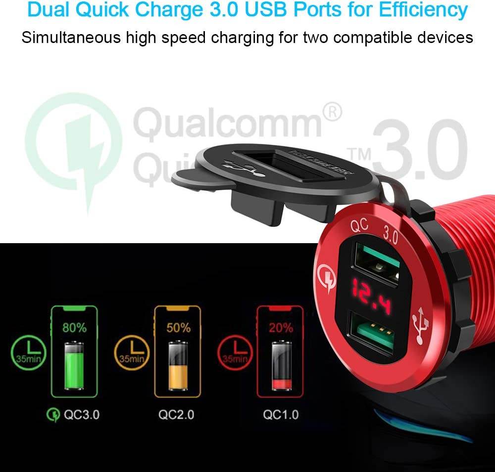 Rocketek 12V/24V 36W Waterproof Aluminum Dual USB Quick Charge 3.0 Charger Socket Power Outlet Adapter with LED Voltmeter - Al-Raheem Imports