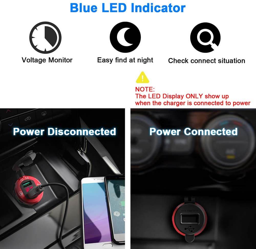 Rocketek 12V/24V 36W Waterproof Aluminum Dual USB Quick Charge 3.0 Charger Socket Power Outlet Adapter with LED Voltmeter - Al-Raheem Imports