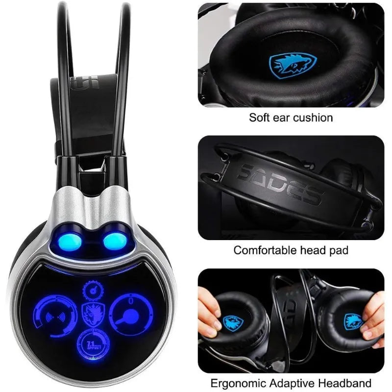 SADES R8 USB Stereo Gaming Headset with Virtual 7.1 Surround Sound High Sensitivity Microphone and LED Lighting