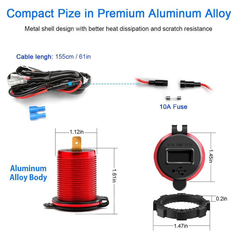 Rocketek 12V/24V 36W Waterproof Aluminum Dual USB Quick Charge 3.0 Charger Socket Power Outlet Adapter with LED Voltmeter - Al-Raheem Imports