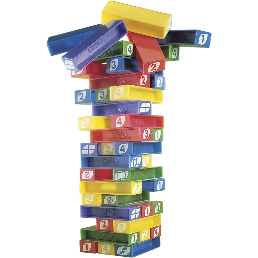UNO Stacko Game with 45 Colorful Stacking Blocks for Kids and Family Fun