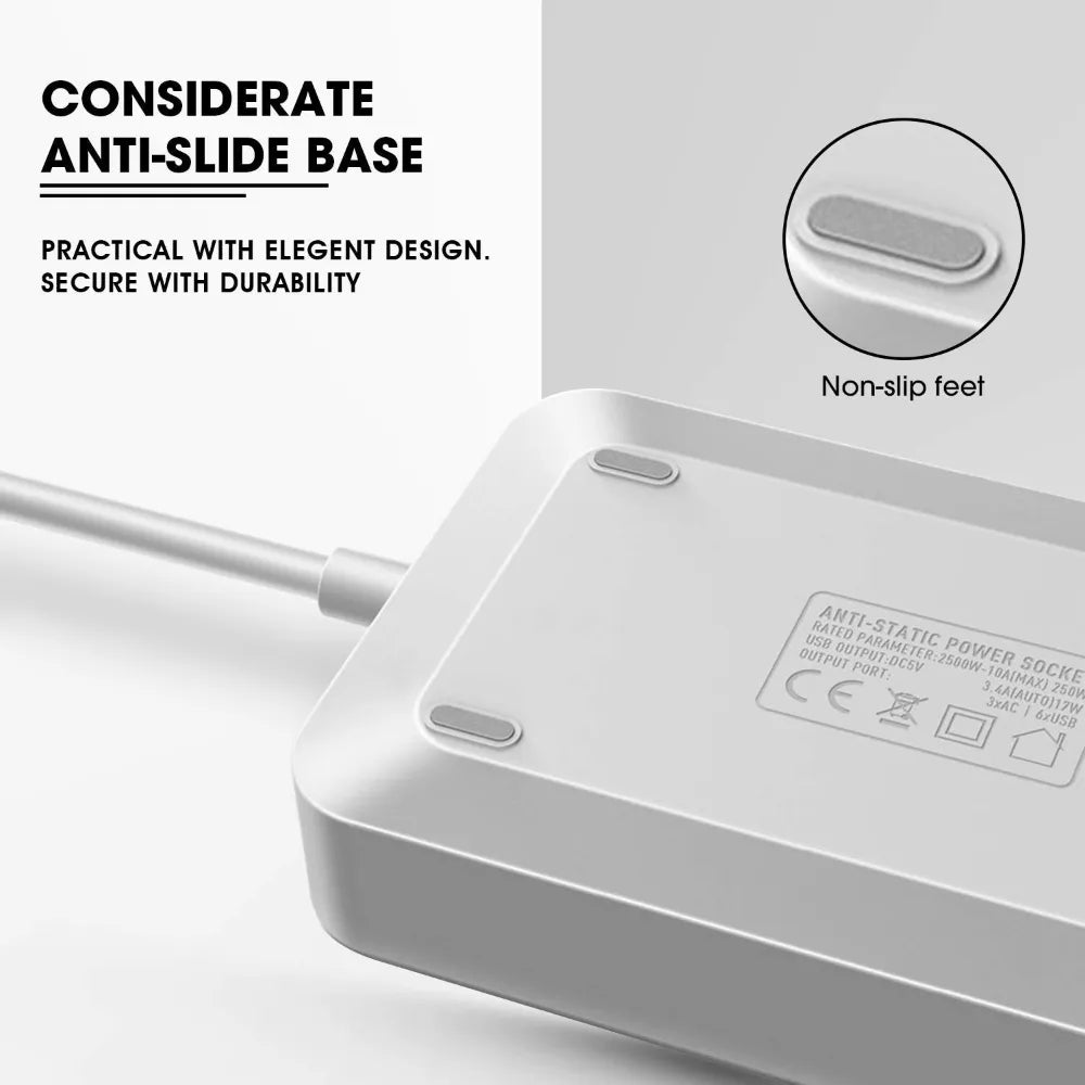 2500W 10A Power Socket Extension with 3 Anti Static AC Sockets and 6 Intelligent USB Charging Ports