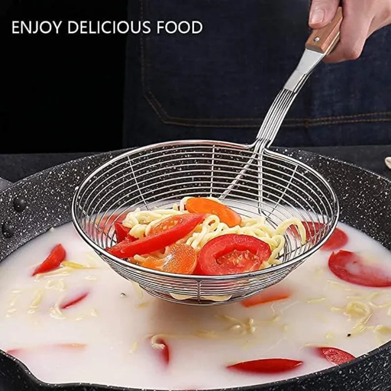 Eco Friendly Wooden Handle Stainless Steel Frying Oil Strainer Spider Skimmer