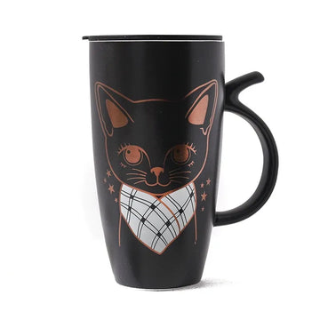 640ml Large Handmade Ceramic Cat Mug with Tail Handle and Plastic Lid Cute Tall Animal Coffee Cup