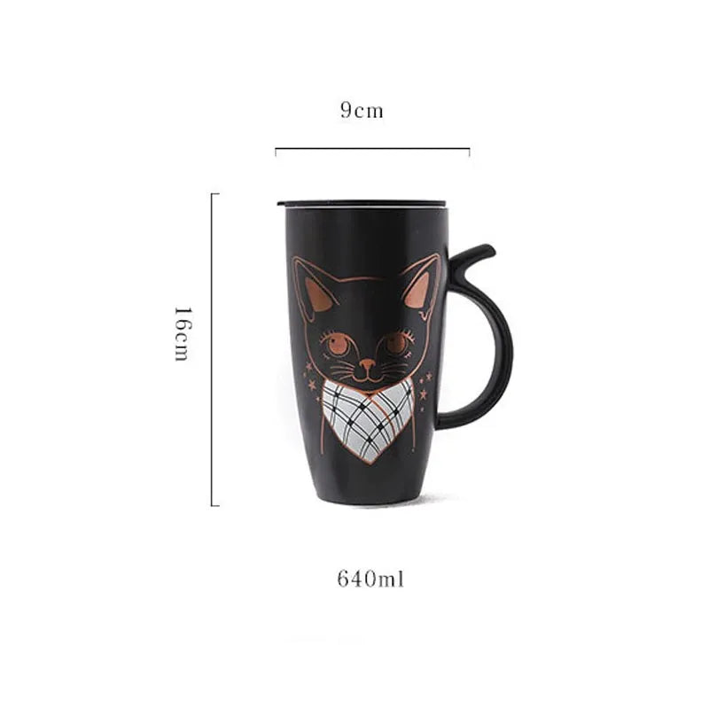 640ml Large Handmade Ceramic Cat Mug with Tail Handle and Plastic Lid Cute Tall Animal Coffee Cup