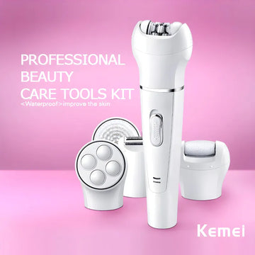 Kemei KM 2199 Multi Functional Rechargeable Epilator 5 In 1 Beauty Tools Kit for Women with Face Cleansing Brush Massager Lady Shaver and Callus Remover