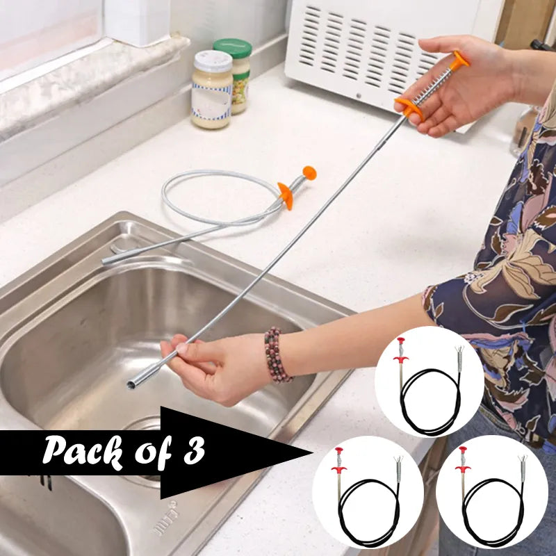 Pack of 3 Flexible Hand Pinch Sewer Picker with Pressable Garbage Clip and Retractable Claws for Efficient Drain Dredging and Pipe Cleaning