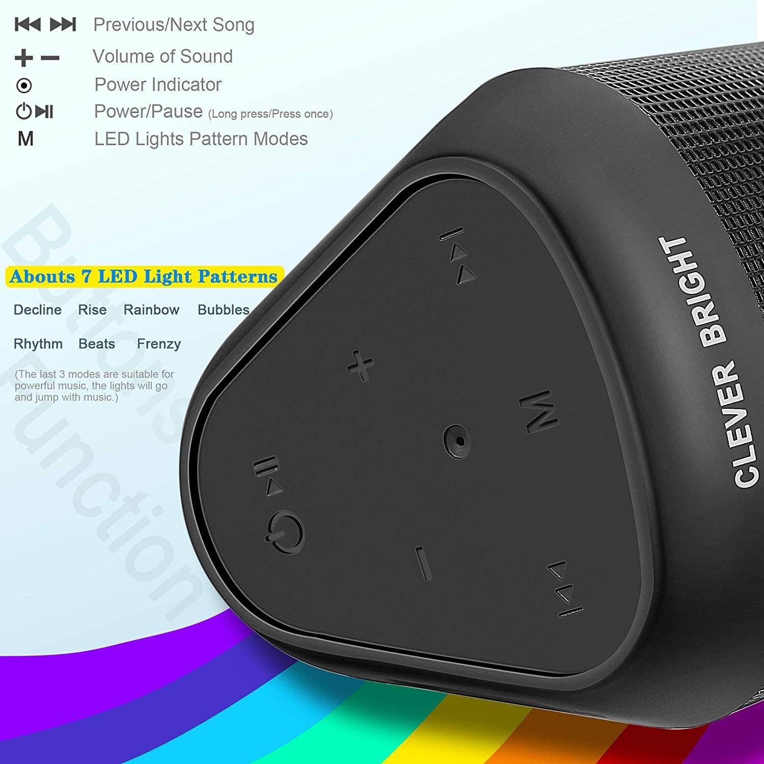 Clever Bright Portable Wireless Bluetooth Speakers with 7 LED Lights V5.0 Hi-Fi Bass Powerful Sound and Built-In Microphone - Al-Raheem Imports